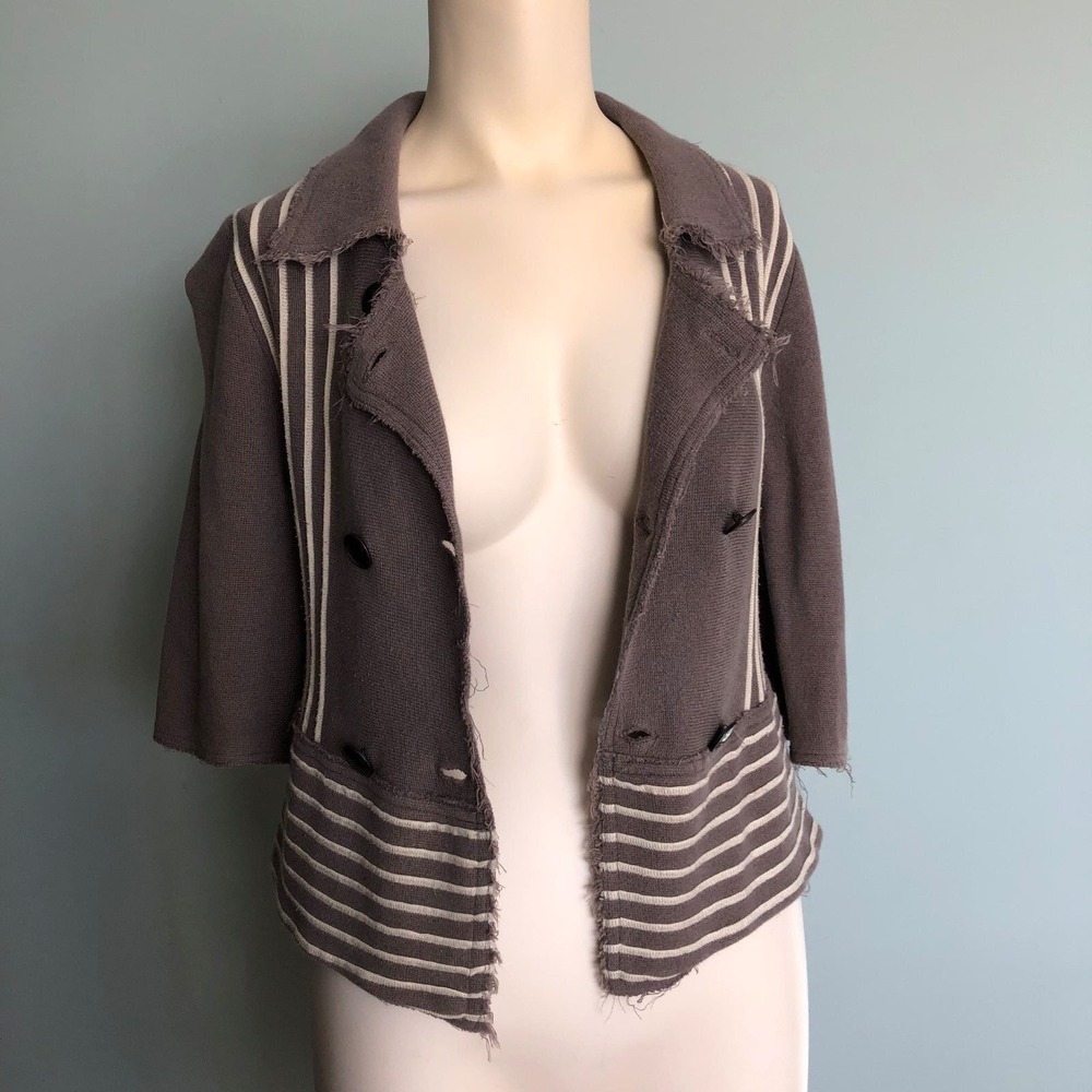 Free People Sz S Brown Gray Cropped Cardigan Sweater Scoop Neck Cotton Striped